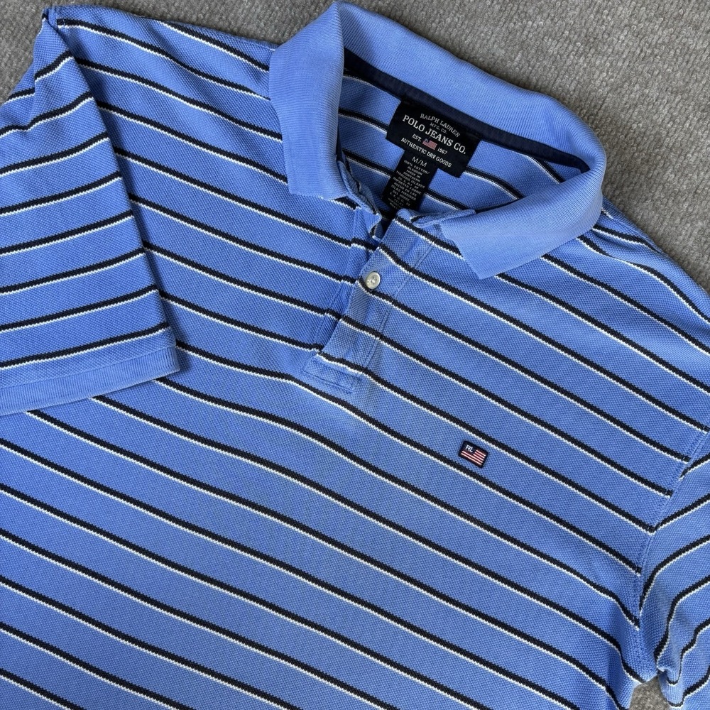 Polo Jeans Co Ralph Lauren Polo Shirt Mens M Blue Striped Cotton Short Sleeve